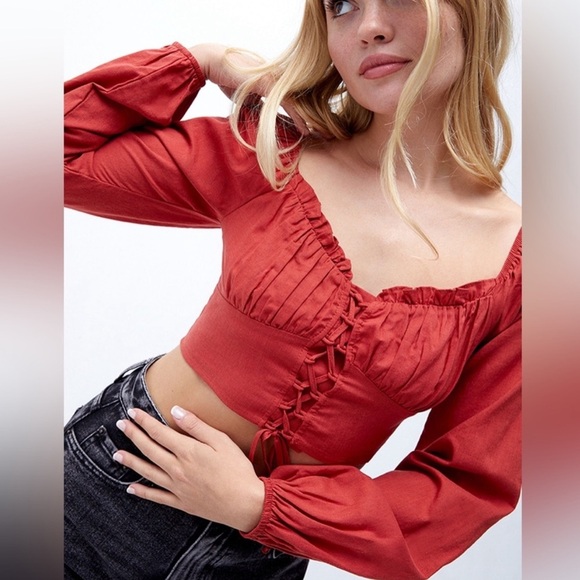 NWT PacSun/La Hearts Lace Up Long Sleeve Rust Boho Crop Top  Size Medium - Picture 2 of 13